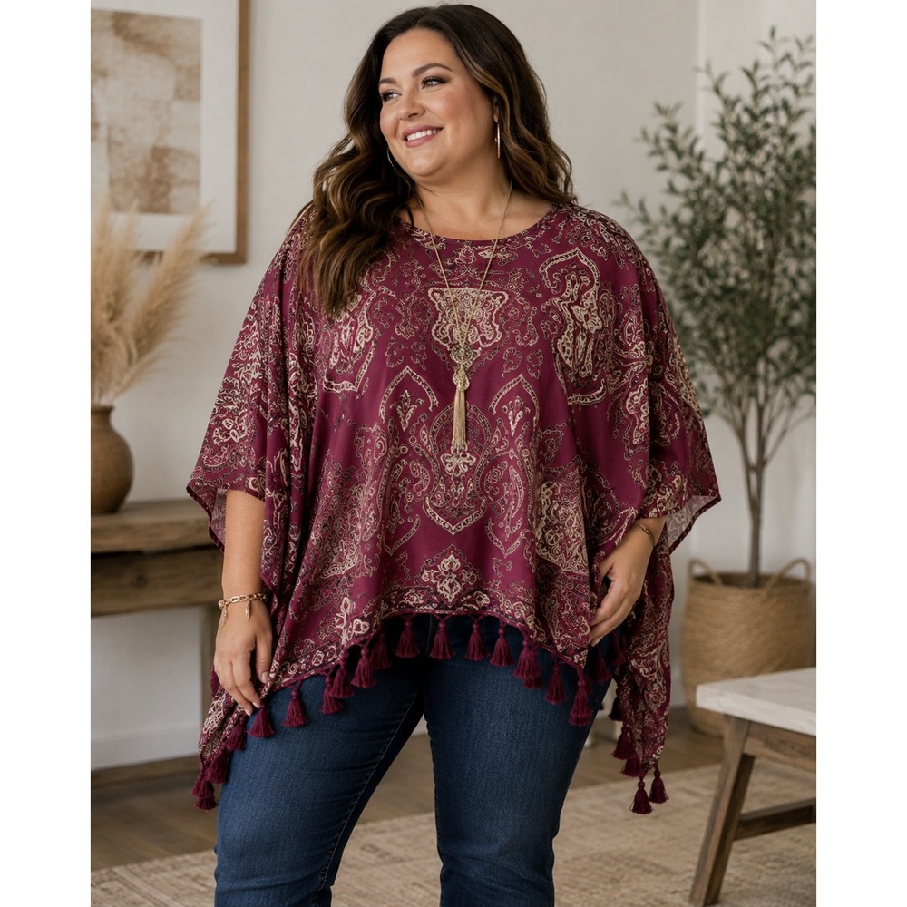 Lane Bryant Paisley Poncho Top Womens 18/20 Magenta Boho Chic Kimono Blouse